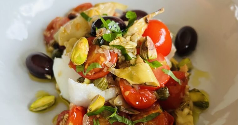 White halibut with artichoke and pistachios