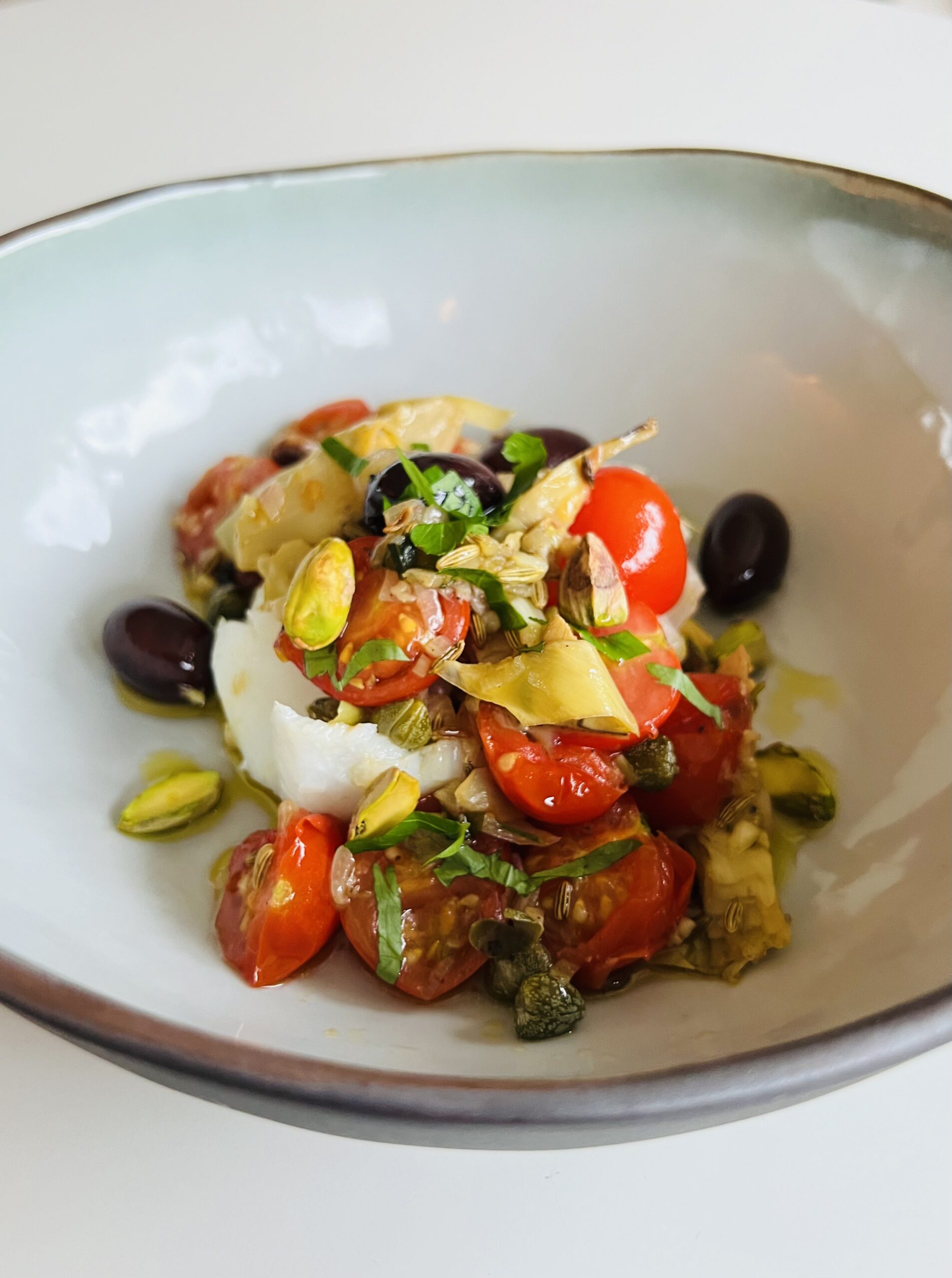 White halibut with artichoke and pistachios