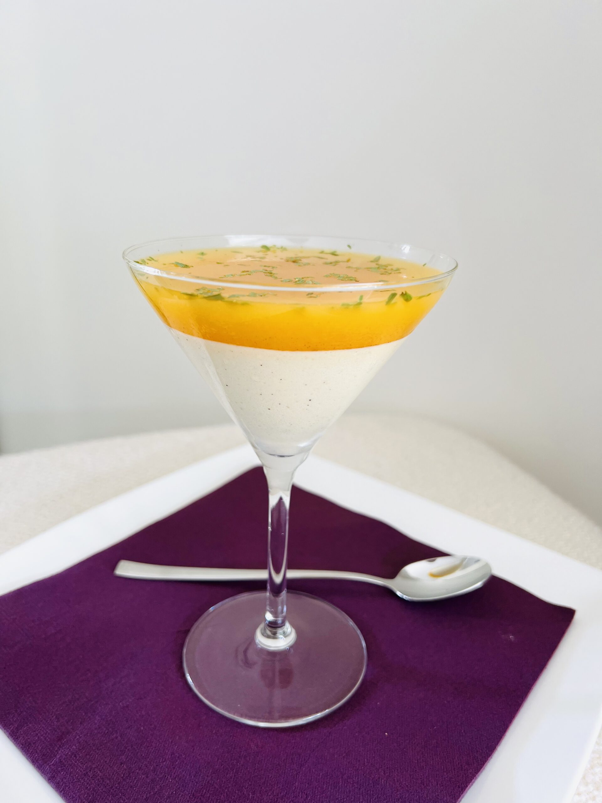 White chocolate mousse with orange cinnamon tarragon jelly