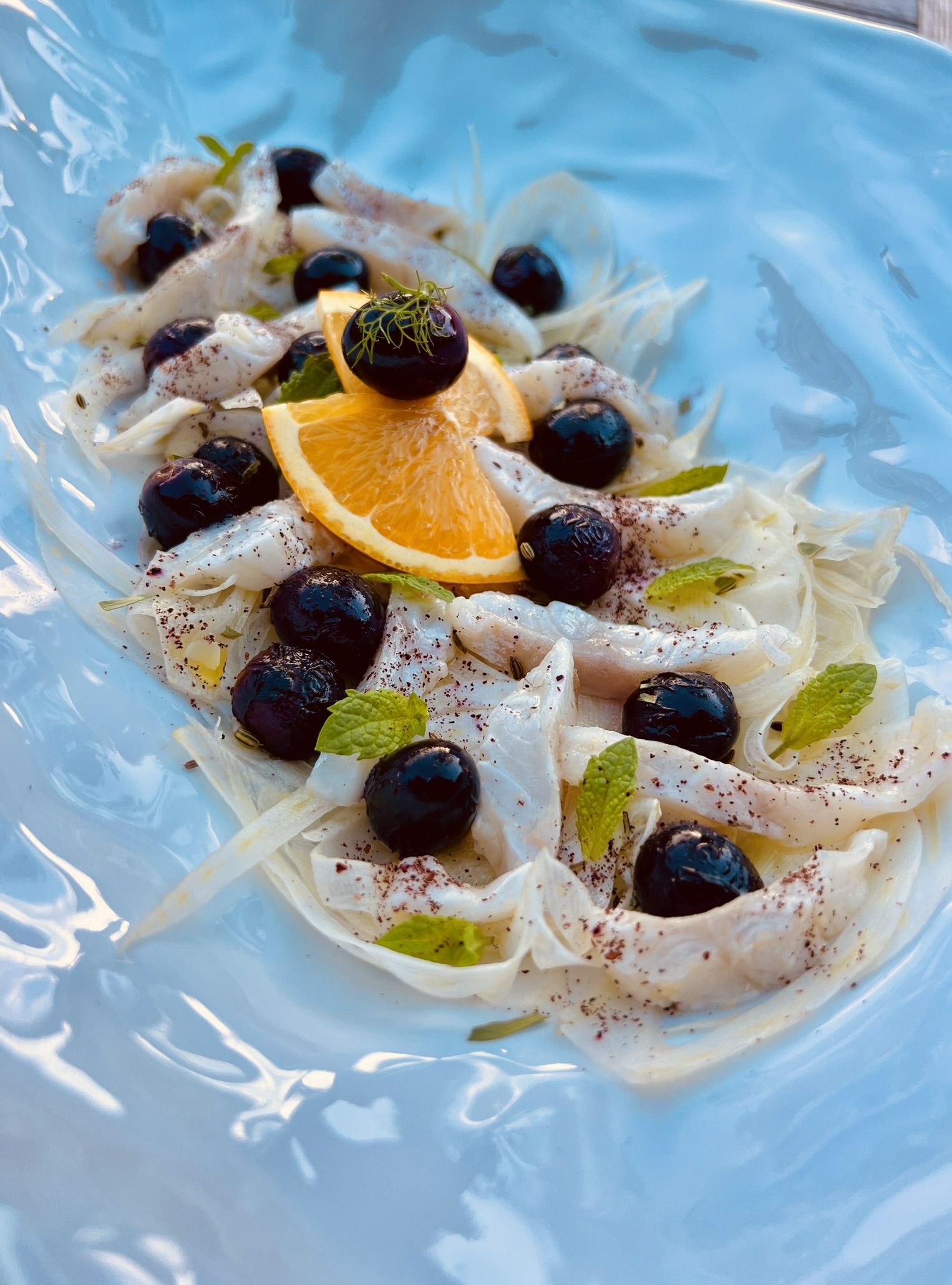 Sea bass ceviche with grilled grapes & fennel