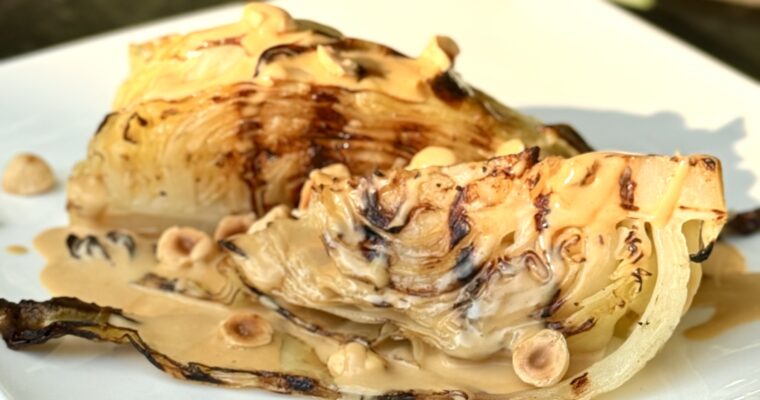 Grilled pointed cabbage with creamy soy sauce & hazelnuts