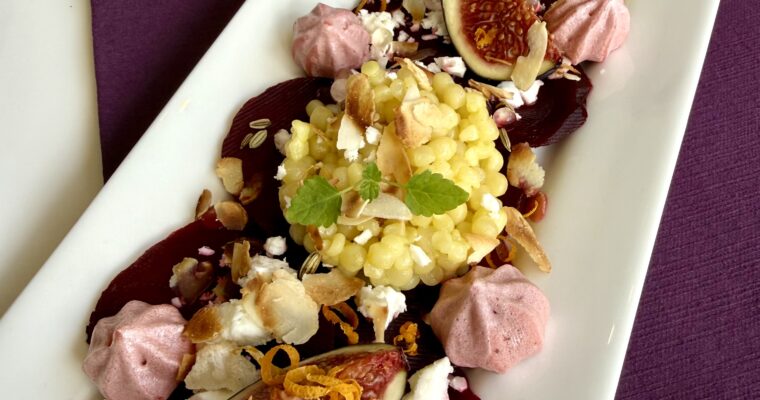 Beetroot Carpaccio with Figs, Meringue & Yuzu Pearls