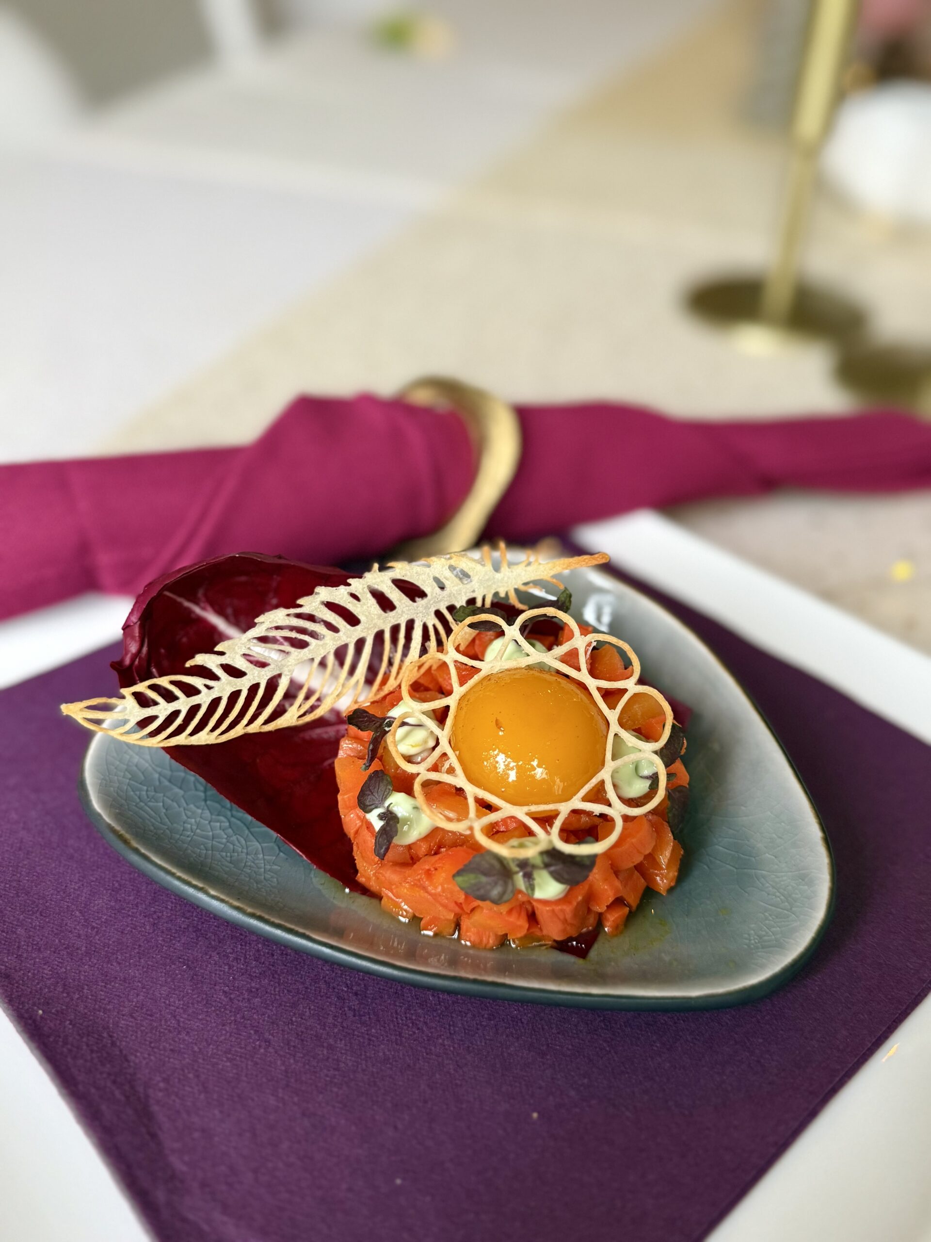 Smoked carrot tartare with honey-cured egg yolk